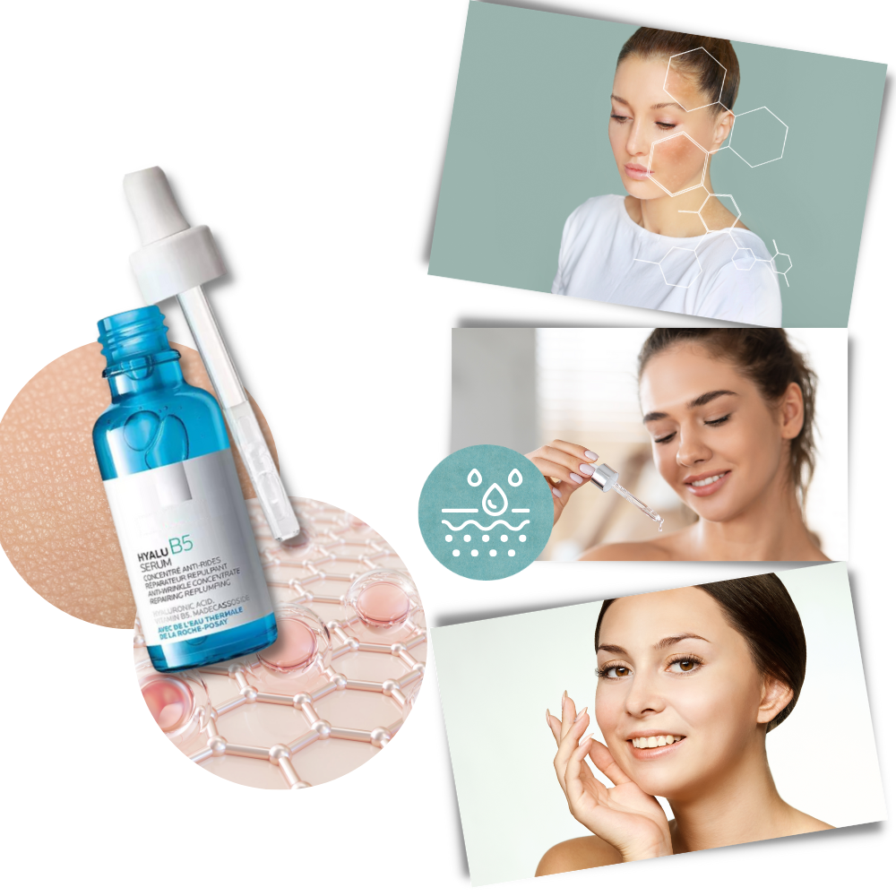 Sérum rajeunissant à l'acide hyaluronique Hyalu B5 da marca Tabbyc, frasco com sérum transparente e conta-gotas.