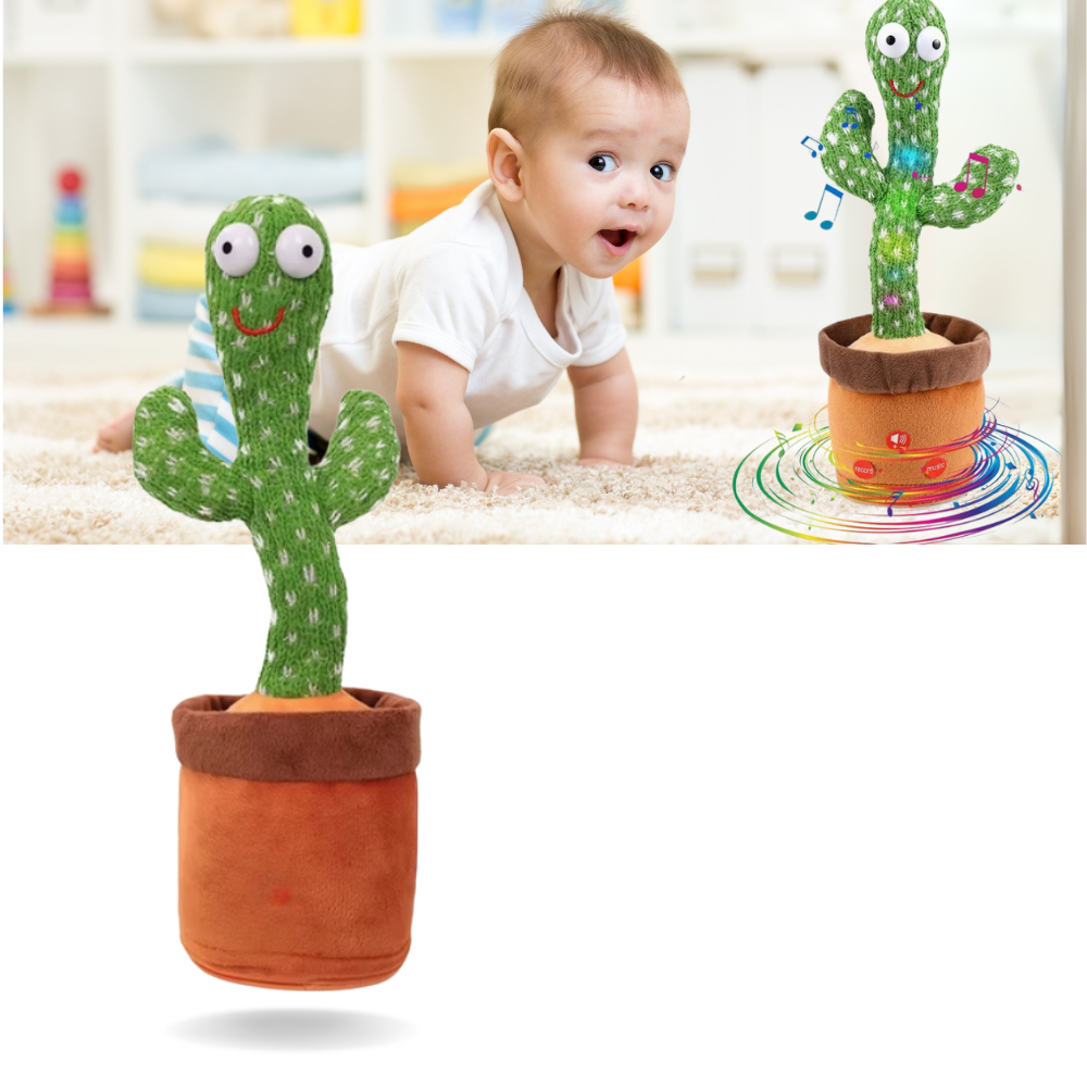 Cacto dançante da marca Oranga Inc, brinquedo que conversa e entretém, com detalhes coloridos e expressão divertida.