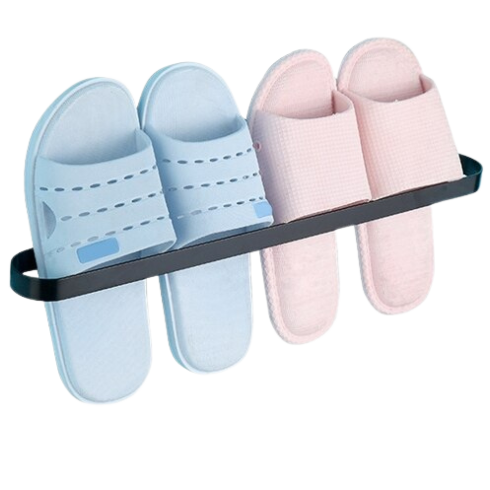 Suporte mural em alumínio preto da Taluosi para organizar pantuflas, ideal para armazenamento e organização doméstica.
