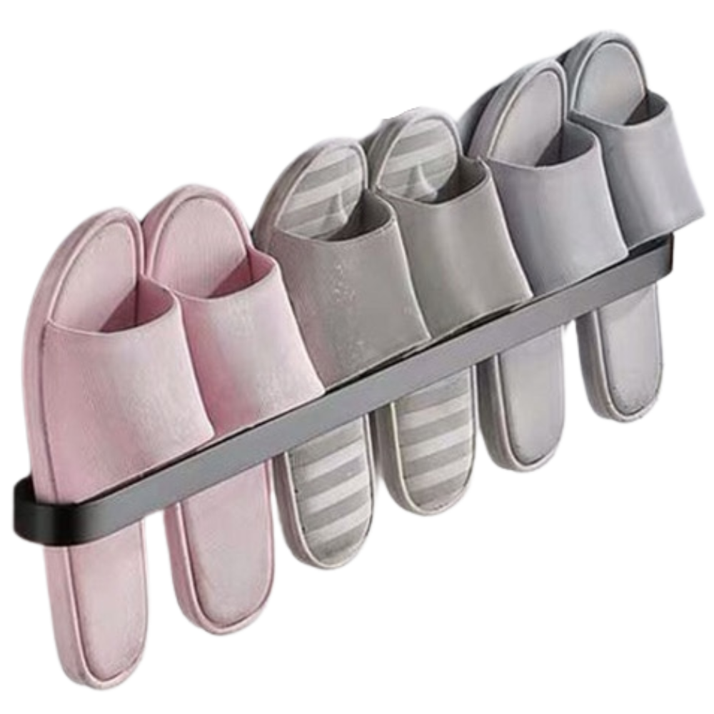 Suporte de parede em alumínio preto para pantuflas, ideal para organização e armazenamento eficiente.