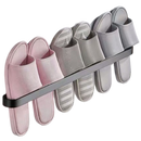 Suporte de parede em alumínio preto para pantuflas, ideal para organização e armazenamento eficiente.