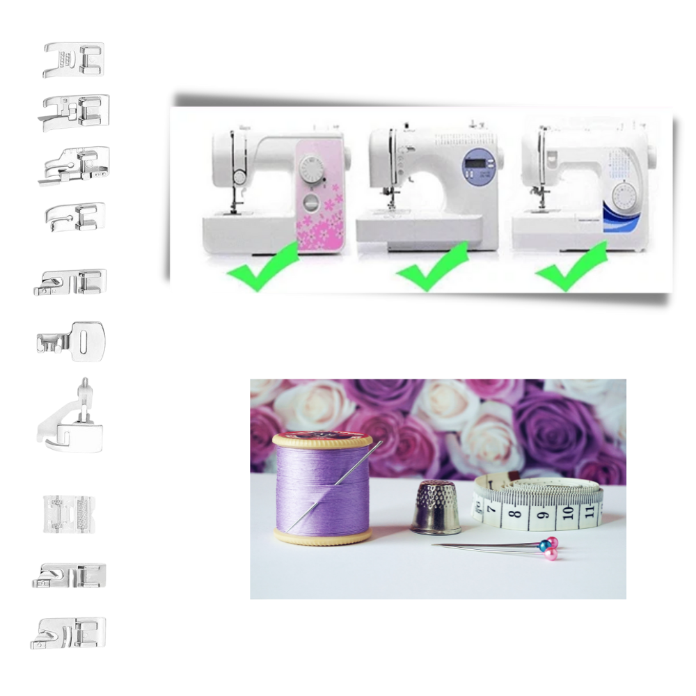 Conjunto de 32/42 pés-de-biche para máquina de costura Tapcet, ideal para projetos de artesanato e costura criativa.