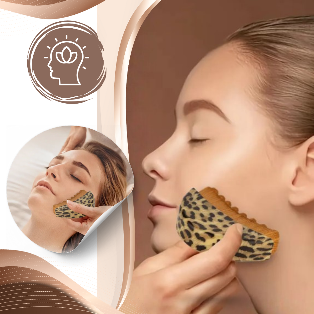 Escova facial Tapify para drenagem linfática, com design de leopardo, usada para massagear e estimular a circulação facial.