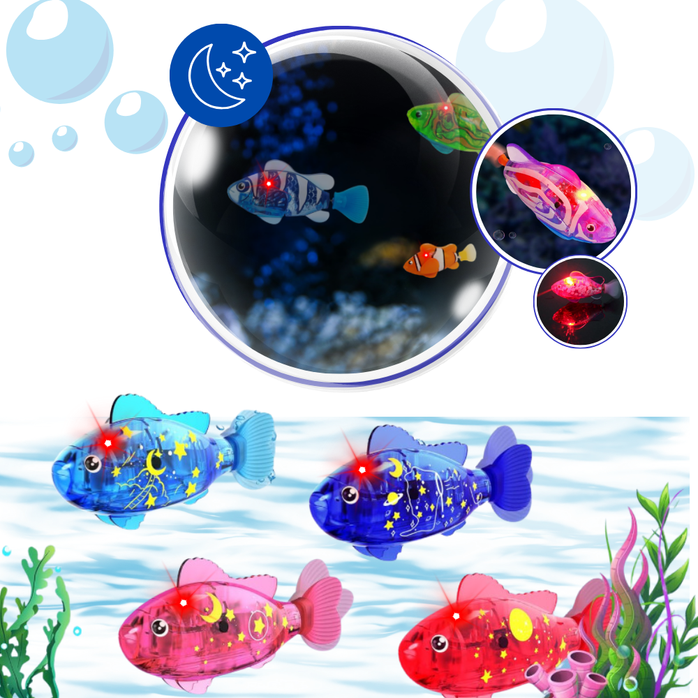 Peixe nadador interativo da marca Time For J para brinquedos de banho, com cores vibrantes e design de coral flamboyant.
