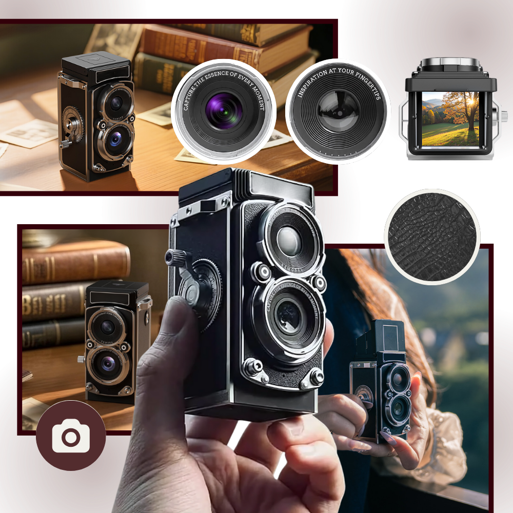 Câmera digital TLR Vintage Vito, aparelho fotográfico com design clássico e ícone atemporal, mostrado em imagem reimaginada.