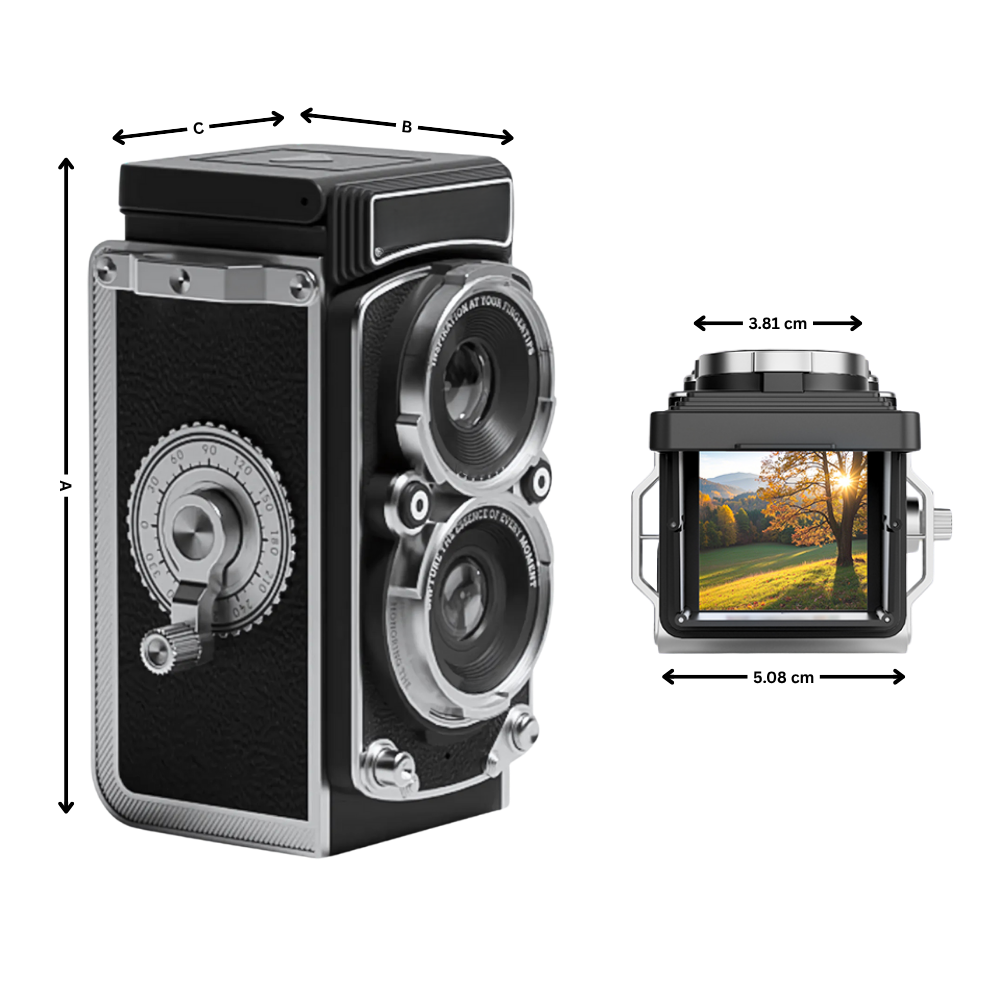 Câmera digital TLR vintage Vito, aparelho fotográfico com design clássico e dimensões visíveis na imagem.