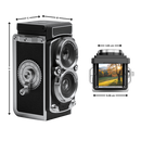 Câmera digital TLR vintage Vito, aparelho fotográfico com design clássico e dimensões visíveis na imagem.