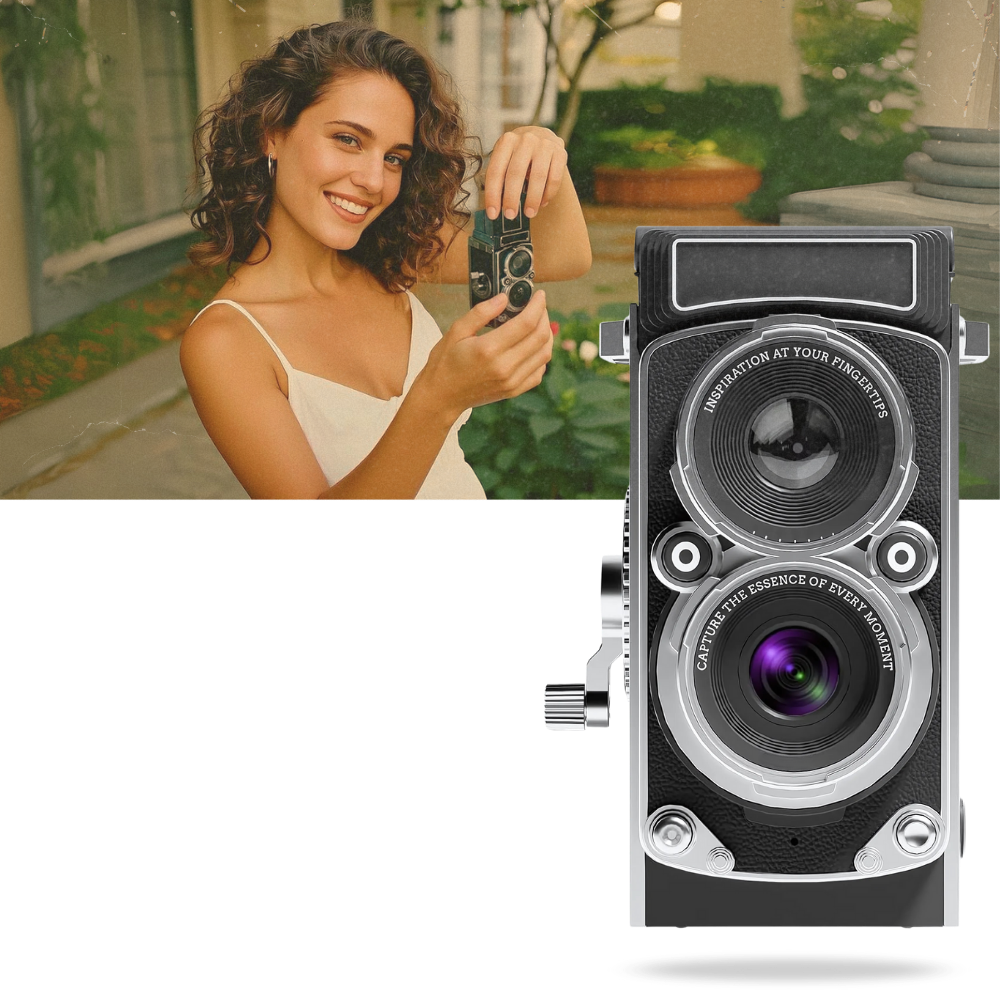 Câmera digital TLR vintage Vito, aparelho fotográfico digital com design clássico e estilo retrô, foco na lente e corpo da câmera