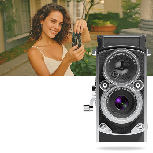 Câmera digital TLR vintage Vito, aparelho fotográfico digital com design clássico e estilo retrô, foco na lente e corpo da câmera