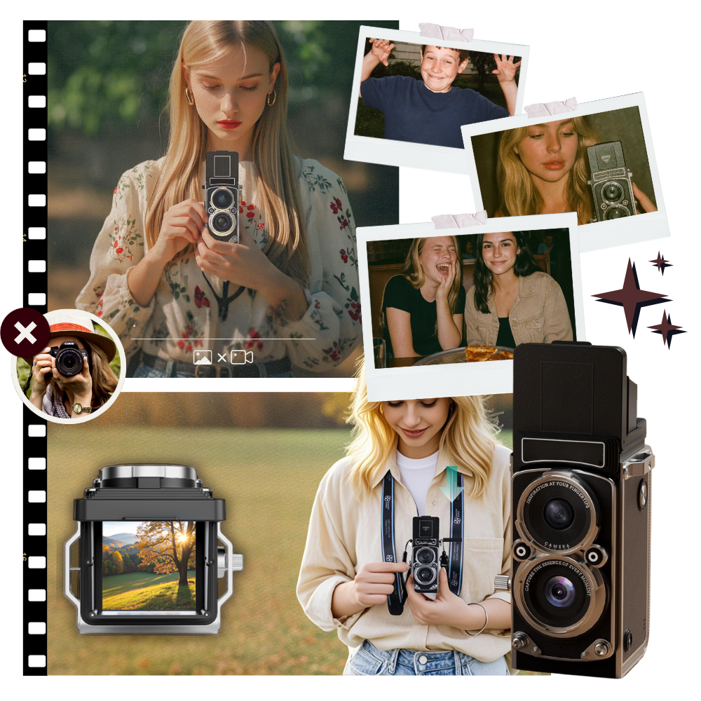 Câmera digital TLR vintage Vito, aparelho fotográfico com design clássico e lentes duplas para fotos com estilo retrô.