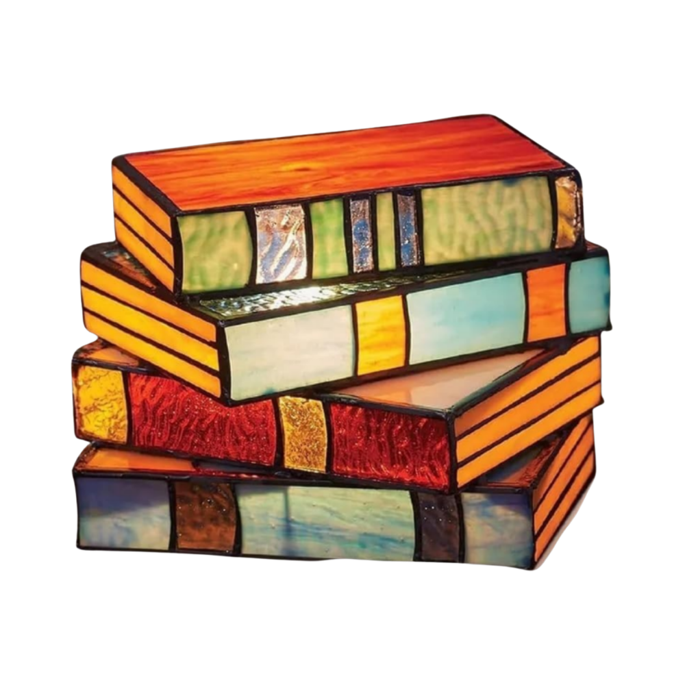 Lâmpada Leaqu com livros empilhados em estilo atemporal, iluminação azul suave, design decorativo e moderno.