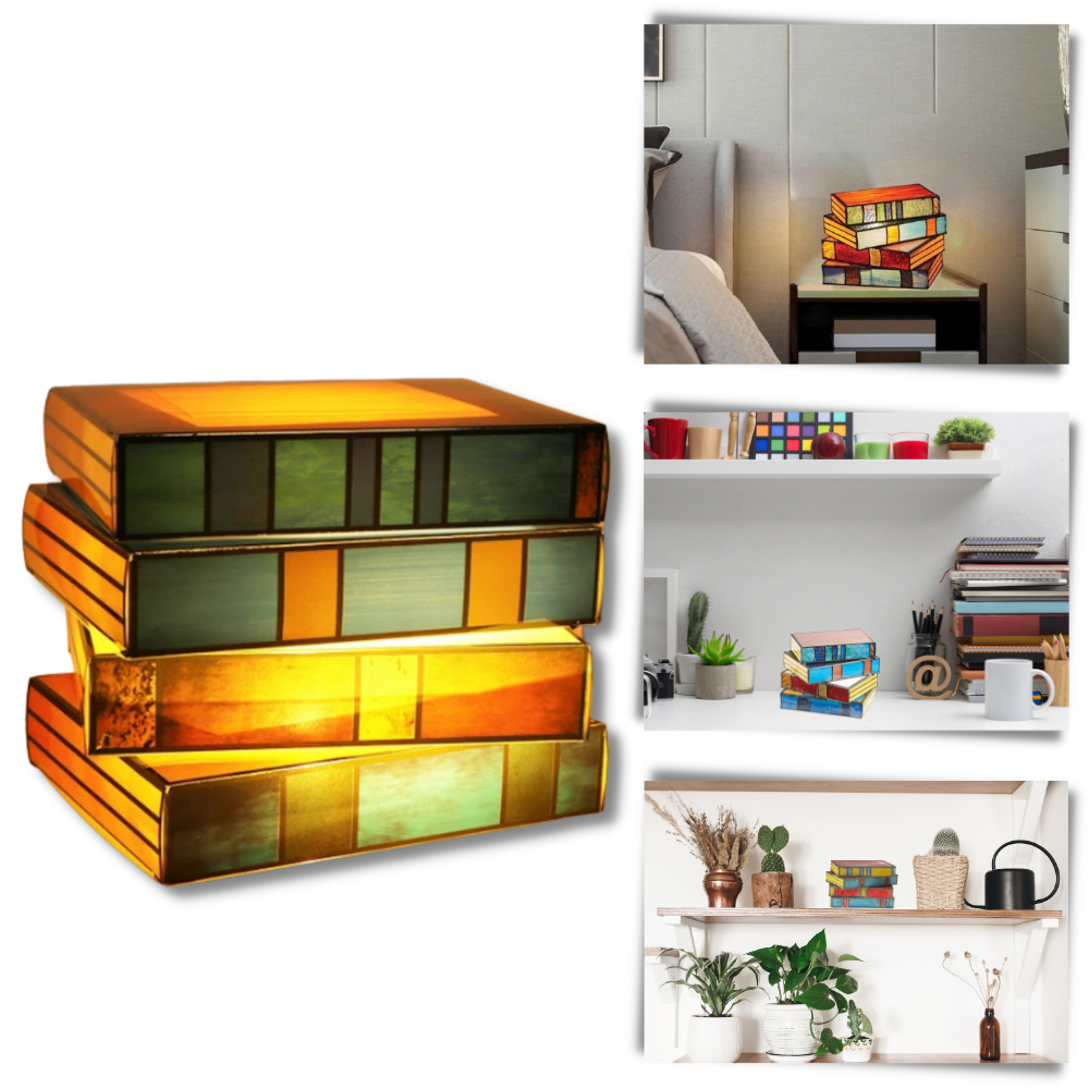 Lâmpada Leaqu com design de livros empilhados, iluminação elegante e moderna para decoração de ambientes.