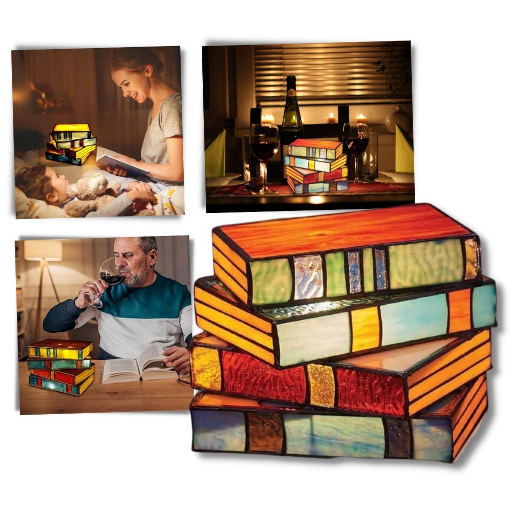 Lâmpada empilhada com livros vintage, modelo Leaqu, iluminação decorativa e moderna para ambientes internos.