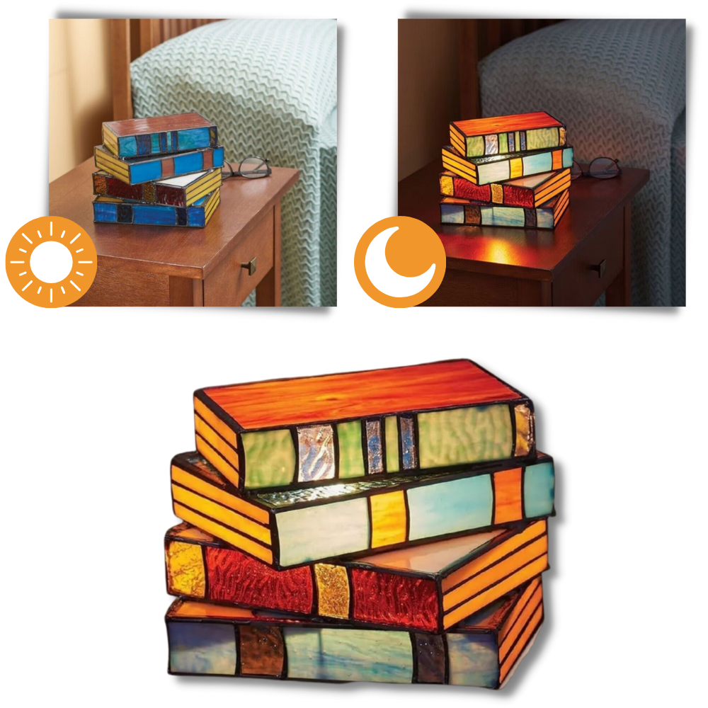 Lâmpada Leaqu de estilo intemporel com livros empilhados em design acolhedor e iluminação quente.