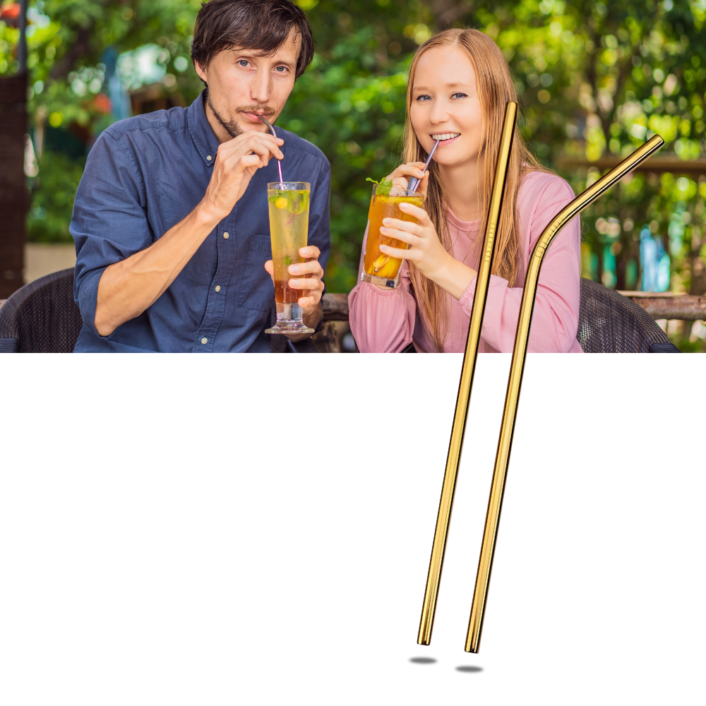 Paille réutilisable en acier inoxydable pour articles de fête, de couleur argent, avec formes droites et courbées, de la marque Tocoles.