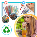 Canudo reutilizável em aço inoxidável da Tocoles, com design curvo e reto, ideal para festas e bebidas sustentáveis.