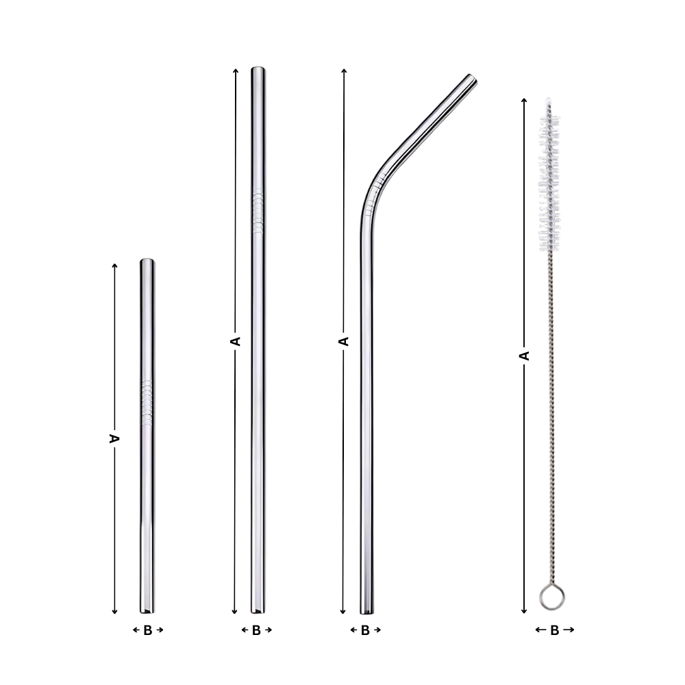 Paille reutilizável em aço inoxidável da Tocoles, artigos de festa, com acabamento prateado e design curvo e reto.