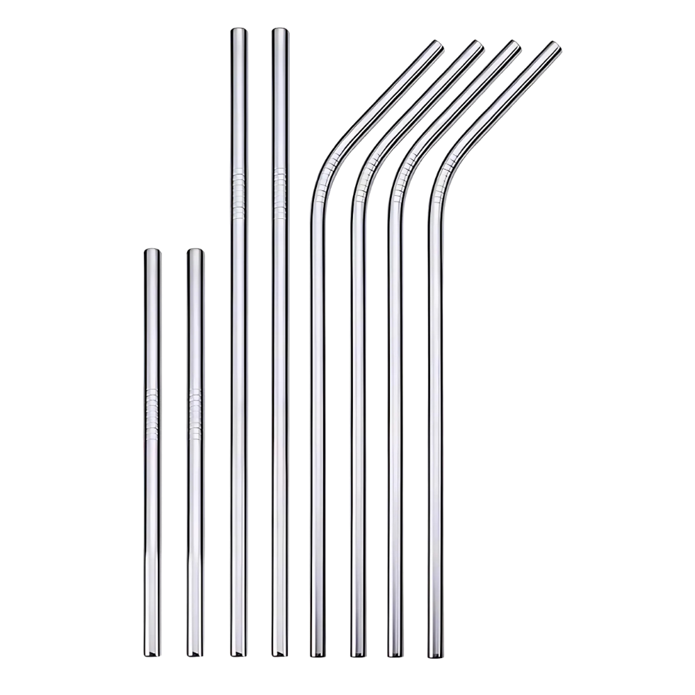 Paille réutilisable en acier inoxydable pour articles de fête, de couleur argent, avec courbes et droites, par Tocoles.