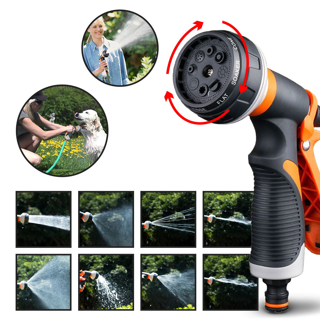 Pistolet de jardin Tomshoo, arrosagem universal com 8 modos, usado para irrigação e cuidados com plantas.