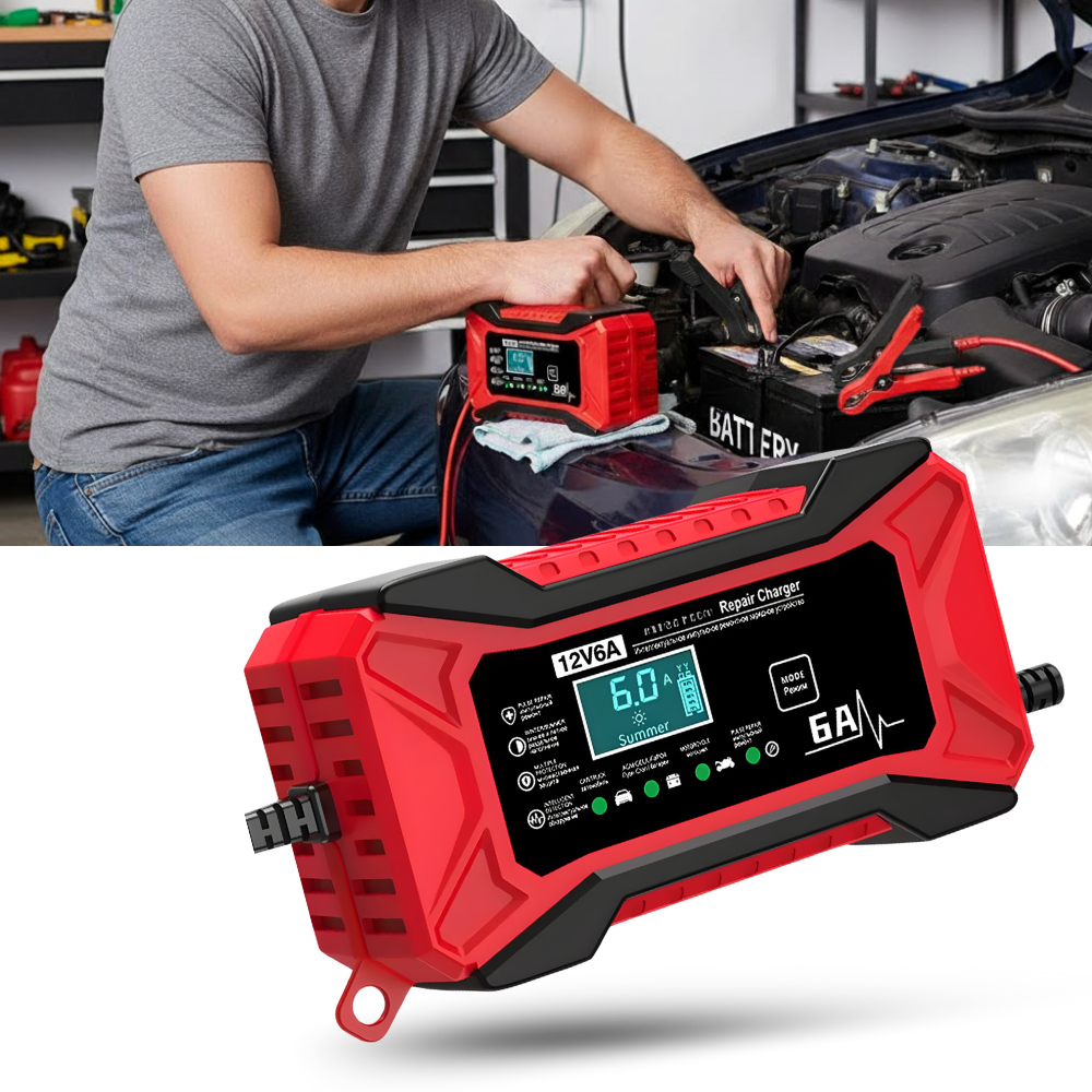 Carregador de bateria inteligente 12V para veículos Tomshoo, usado para manutenção de baterias automotivas.