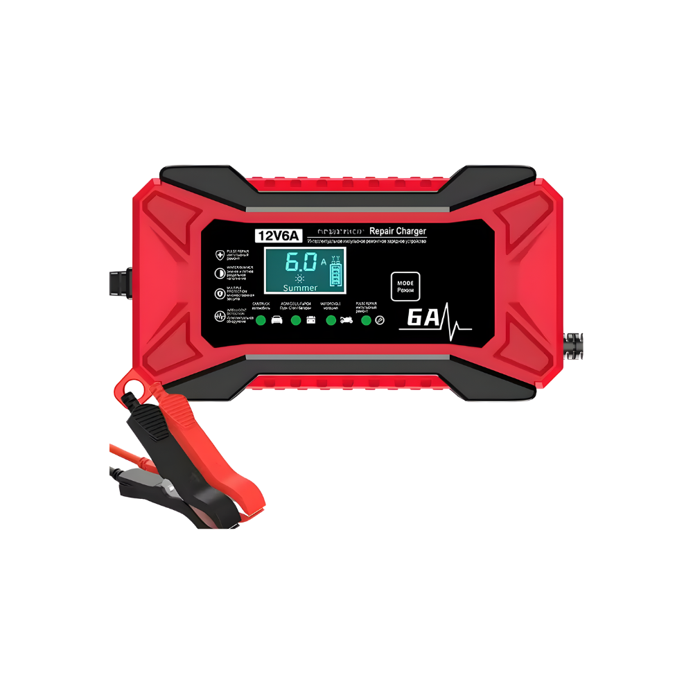 Carregador de bateria inteligente 12V Tomshoo para veículos, usado em manutenção e decoração automotiva, mostra cabos e display digital.