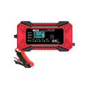 Carregador de bateria inteligente 12V Tomshoo para veículos, usado em manutenção e decoração automotiva, mostra cabos e display digital.