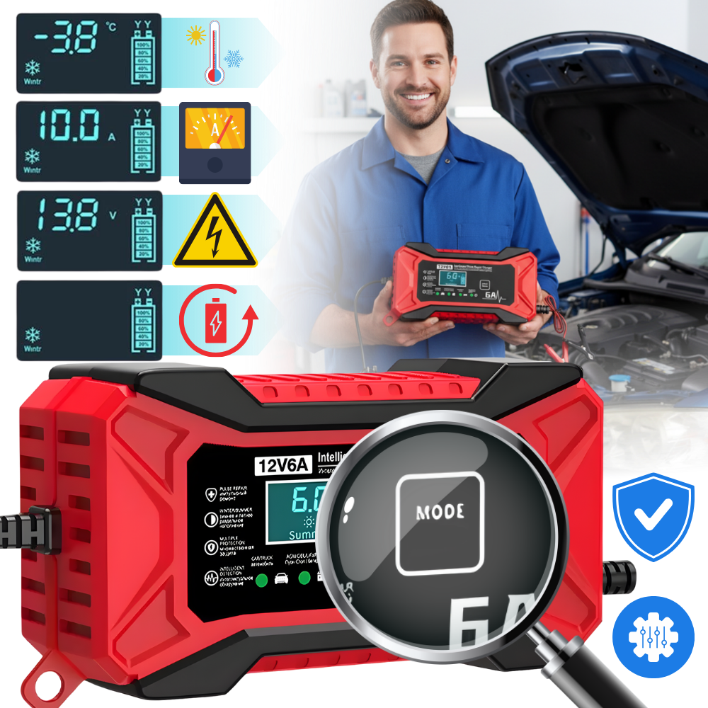 Carregador de bateria inteligente 12V Tomshoo para veículos, utilizado na manutenção e decoração de automóveis.