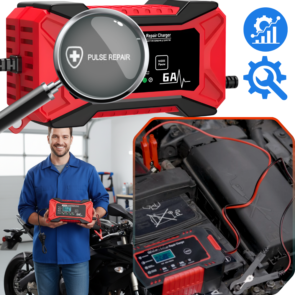 Carregador de bateria inteligente 12V da Tomshoo para veículos, usado em manutenção e decoração de automóveis.
