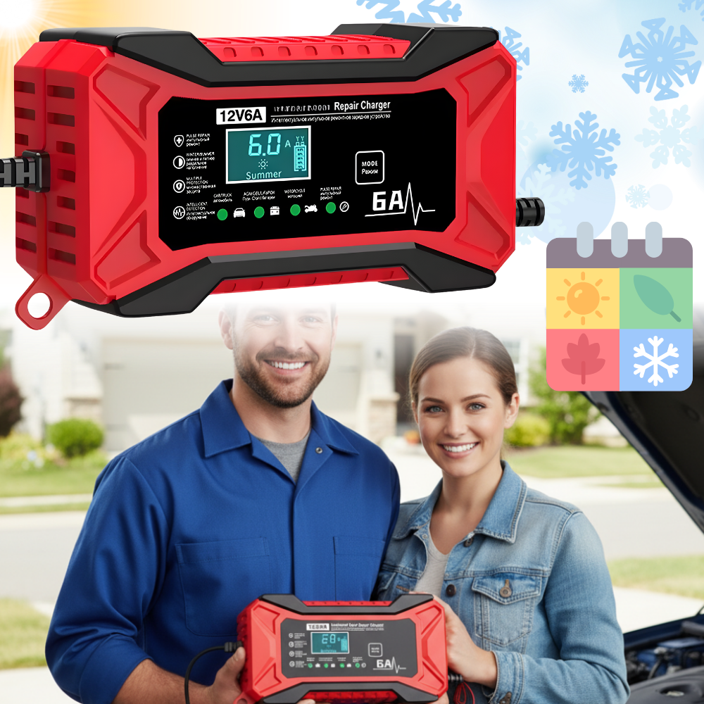 Carregador de bateria inteligente 12V Tomshoo para veículos, utilizado para manutenção e decoração de carros.