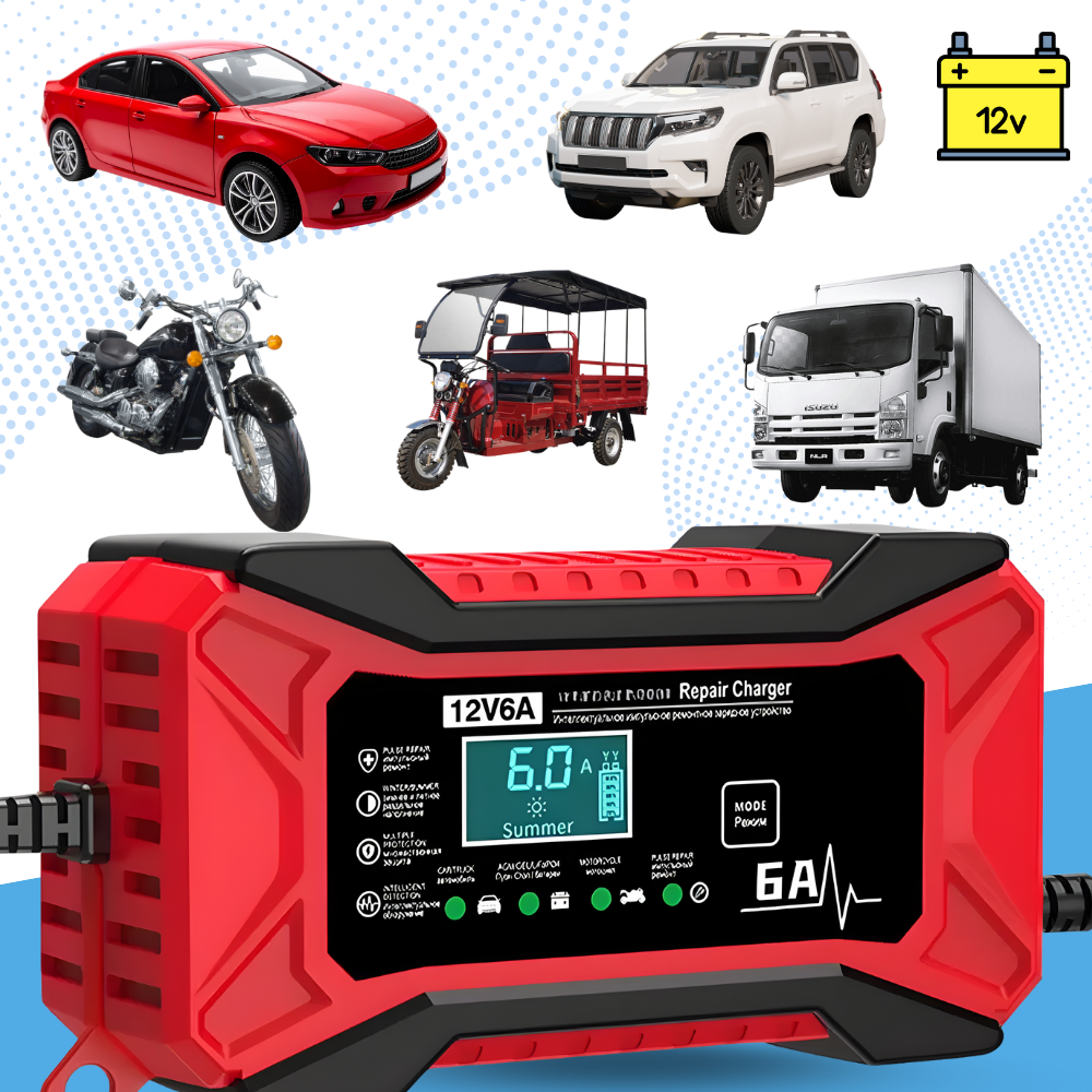 Carregador de bateria inteligente 12V da Tomshoo para veículos, com cabos e indicadores de carga, ideal para manutenção de carros.