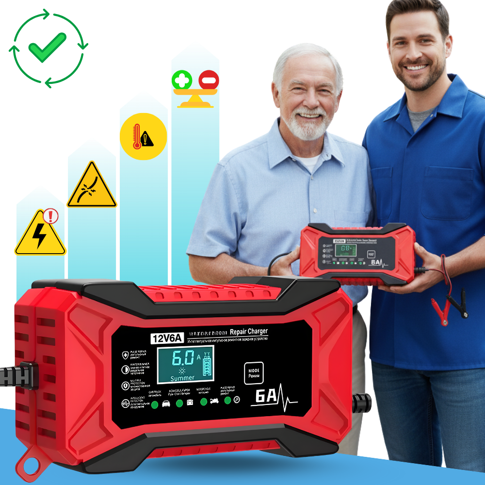 Carregador de bateria inteligente 12V da Tomshoo para veículos, usado em manutenção e decoração automotiva.
