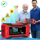 Carregador de bateria inteligente 12V da Tomshoo para veículos, usado em manutenção e decoração automotiva.