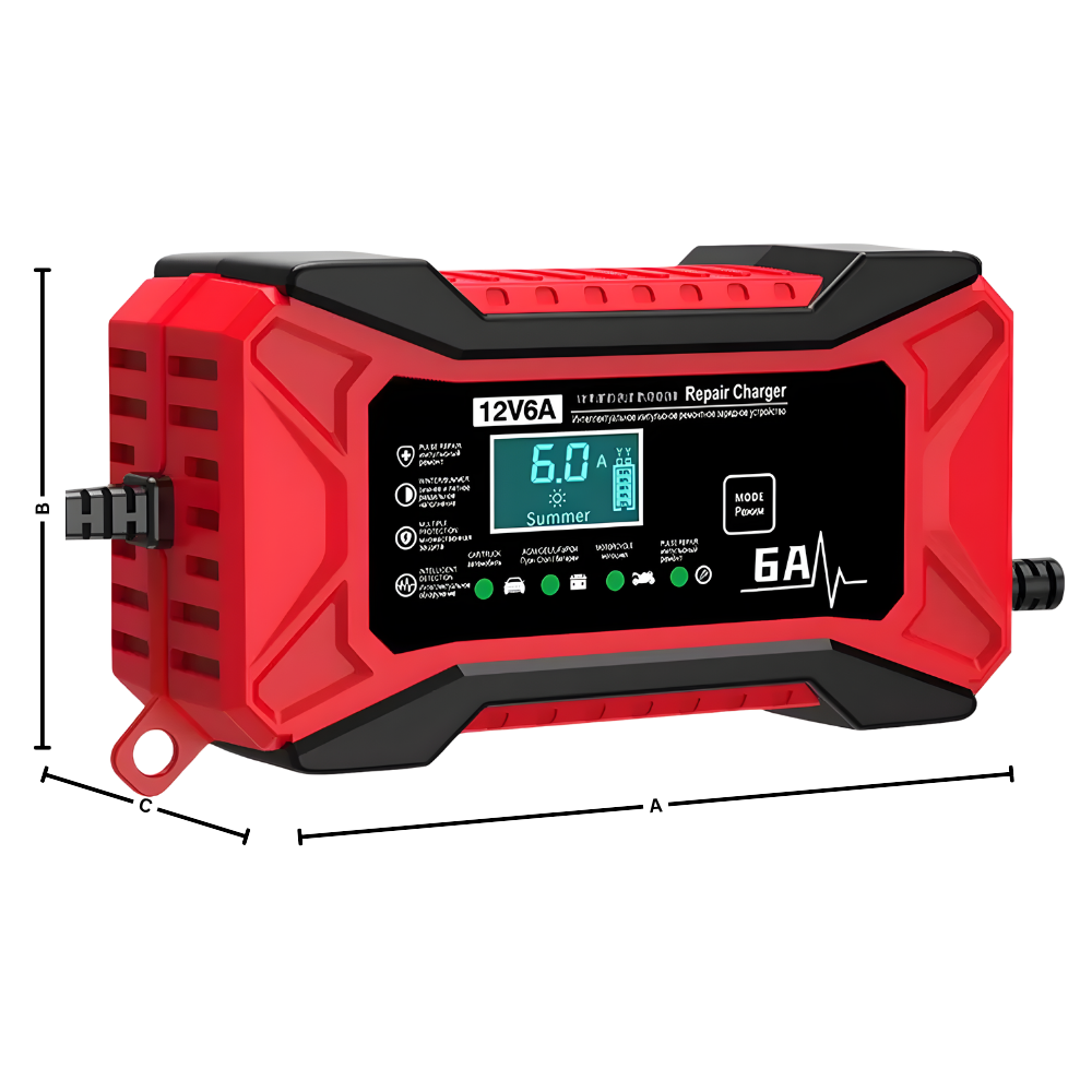 Carregador de bateria inteligente 12V da Tomshoo para veículos, com cabos conectados e indicador de status.