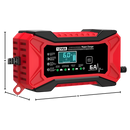 Carregador de bateria inteligente 12V da Tomshoo para veículos, com cabos conectados e indicador de status.