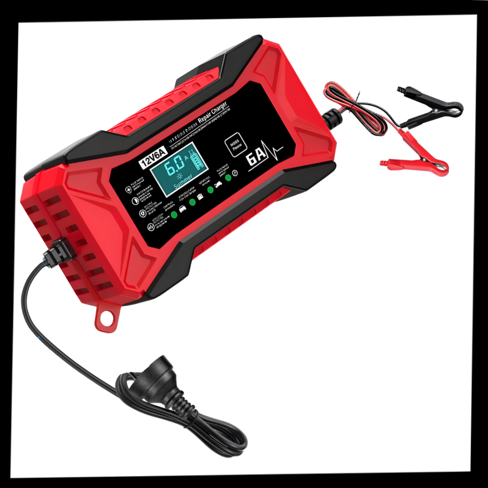 Carregador de bateria inteligente 12V da Tomshoo para veículos, usado para manutenção e decoração automotiva.