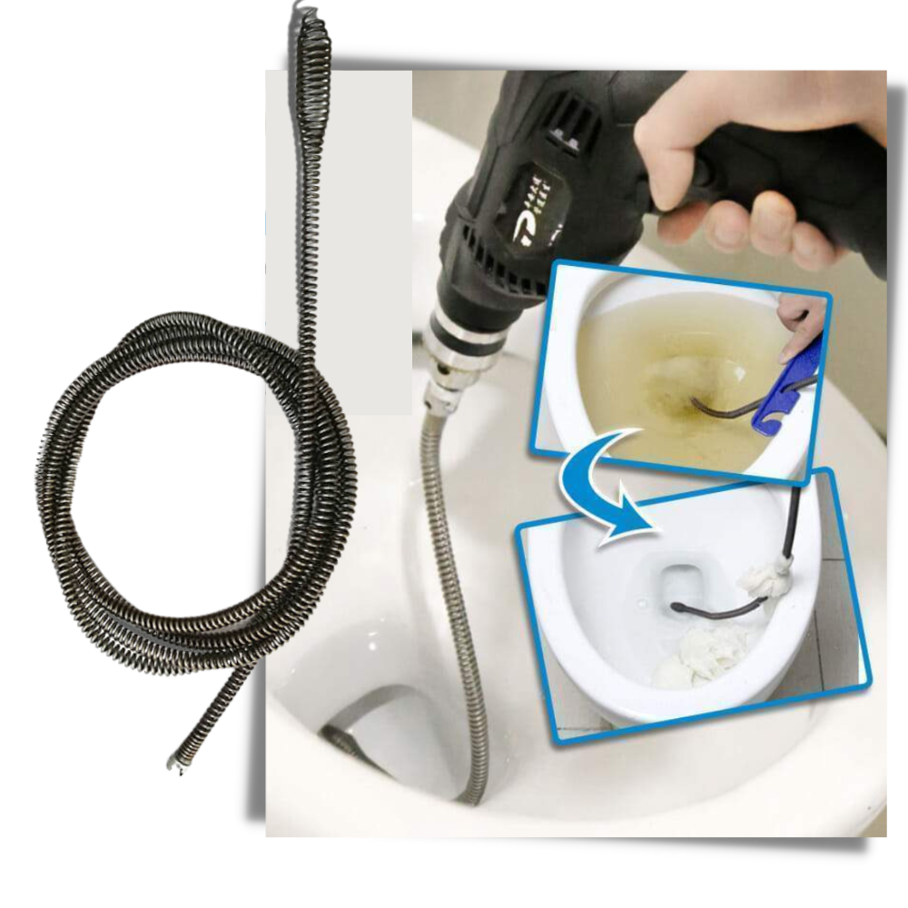 Produto químico Tongina para limpeza de encanamentos, mostrado em embalagem com tubo de aplicação para furadeira elétrica.