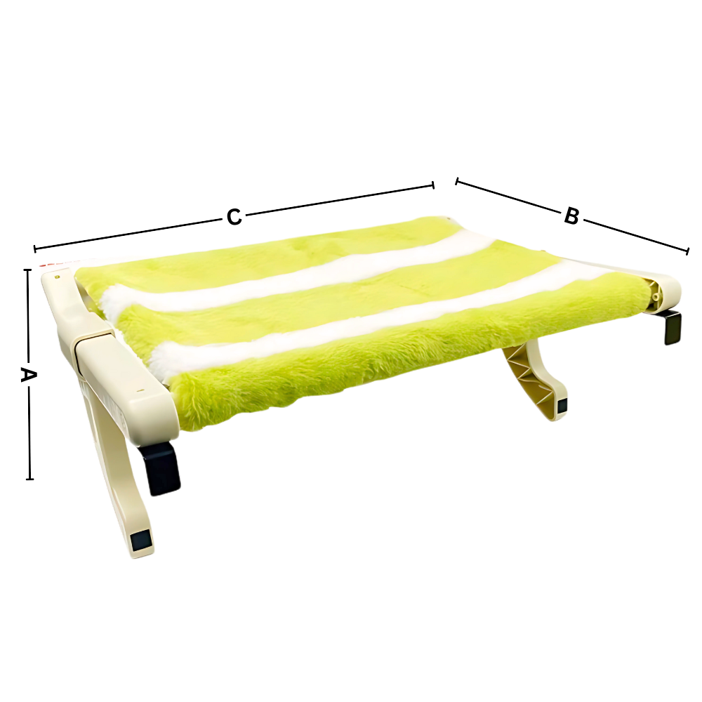 Cama de gato e percha de janela da Mewoofun, acessório para gatos, com design sem ferramentas e dimensões visíveis na imagem.