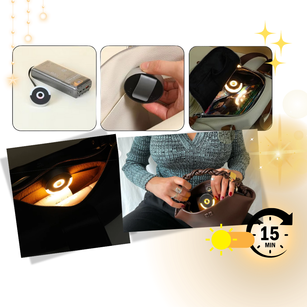 Lâmpada de bolsa ativada por toque da Luminosa Light Designs, iluminação automática e econômica para bolsas ou bolsas de mão.