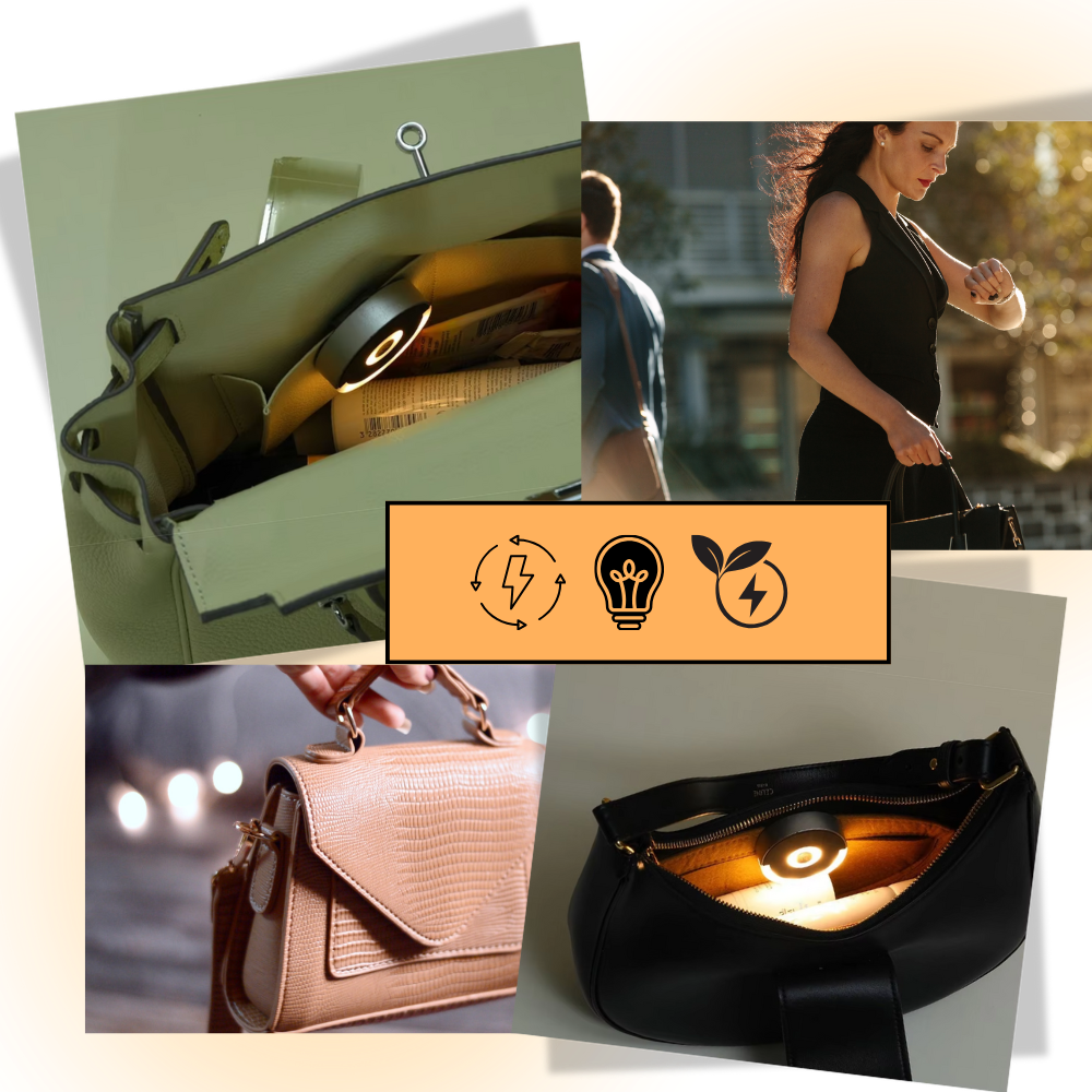 Lâmpada de bolsa toque-ativada da Luminosa Light Designs, luz brilhante e ecológica para bolsas e acessórios.
