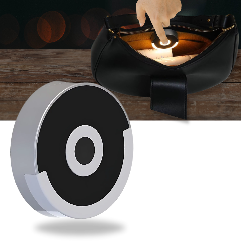 Lâmpada de bolso tocável da Luminosa Light Designs, luz portátil ativada por toque para bolsas e acessórios.
