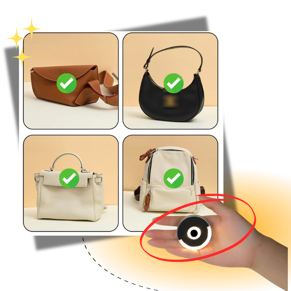 Lâmpada de bolsa tátil da Luminosa Light Designs, leve e portátil, ilumina bolsas com ativação por toque.