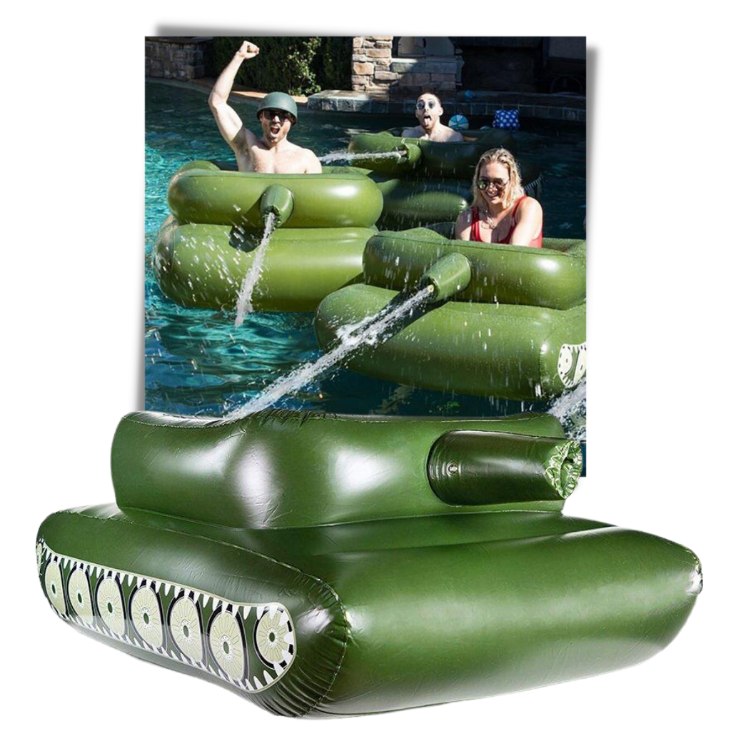 Char de assalto inflável para piscina, acessório de brinquedo da Toy Life Inc, com detalhes coloridos e design divertido.