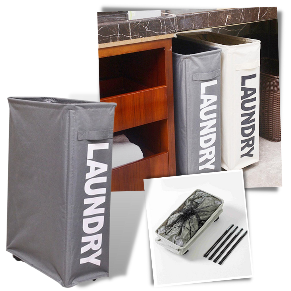 Cesta de roupa portátil preta com rodinhas da Tradecan, ideal para produtos de lavanderia com design prático e compacto.