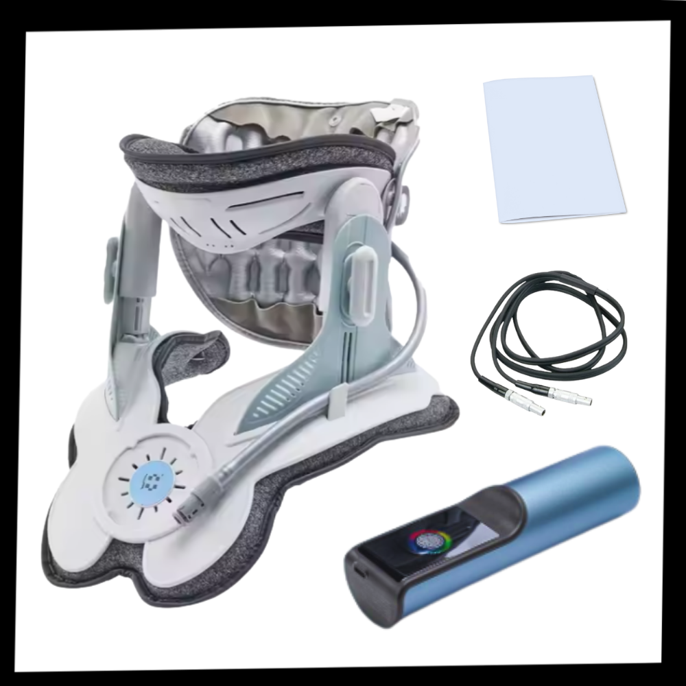 Dispositivo de tração cervical Leamai para fisioterapia, com máscara e suporte para tratamento ergonômico do pescoço.