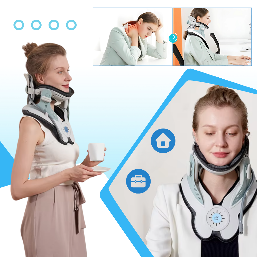 Dispositivo portátil de tração cervical Leamai para fisioterapia e ergoterapia, mostrando o aparelho em uso para alívio do pescoço.