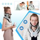 Dispositivo portátil de tração cervical Leamai para fisioterapia e ergoterapia, mostrando o aparelho em uso para alívio do pescoço.