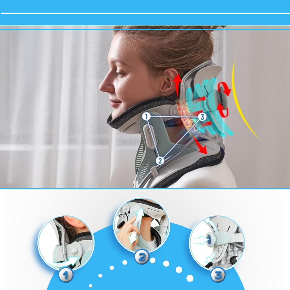 Dispositivo de tração cervical Leamai para fisioterapia e ergonomia, com suporte ajustável para alívio de dores no pescoço.