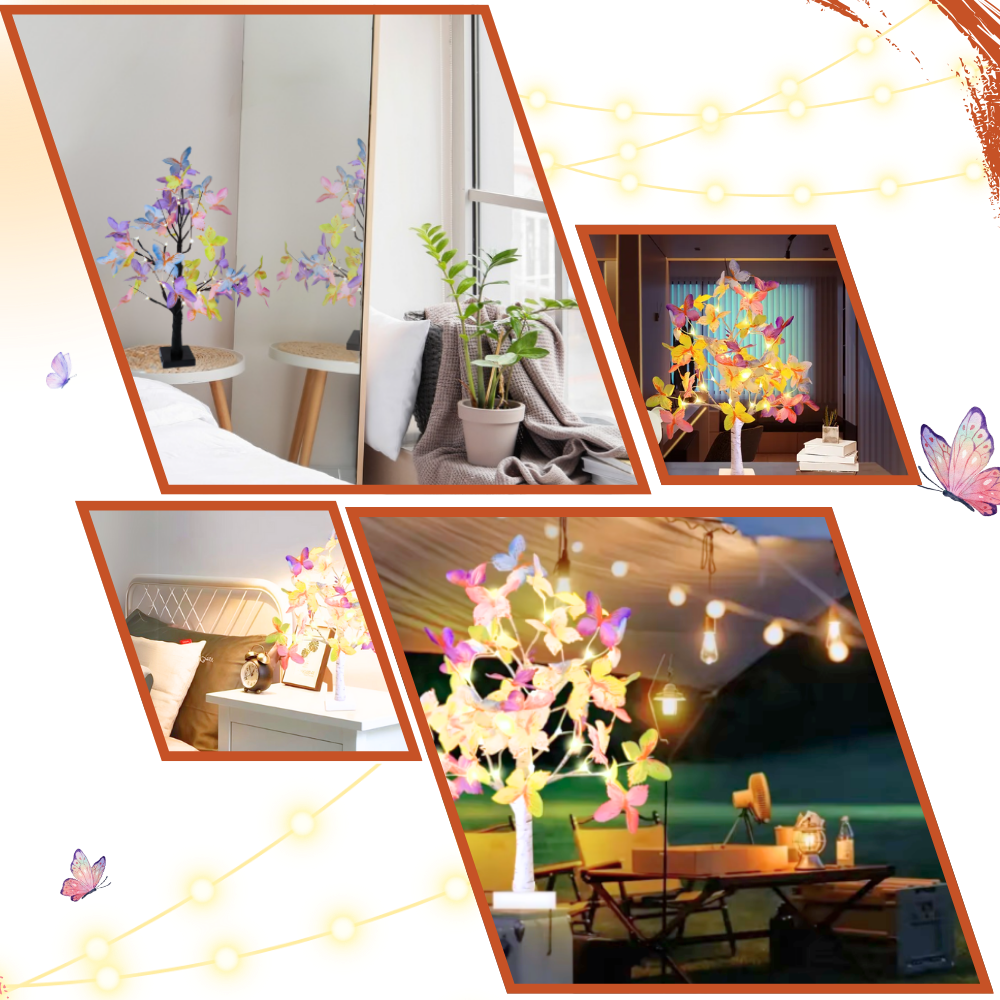 Árvore luminosa de interior com flores artificiais, iluminação suave, ambiente aconchegante, marca Mimo Tech.