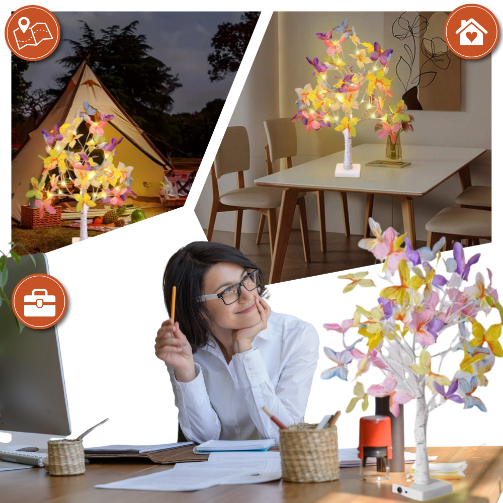 Árvore luminosa de interior com flores artificiais e luzes de fada, design delicado da marca Mimo Tech para decoração charmosa