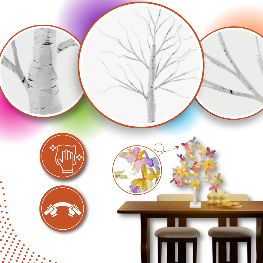 Árvore luminosa de interior com flores artificiais, iluminação suave, marca Mimo Tech, decorativa e elegante para ambientes internos.